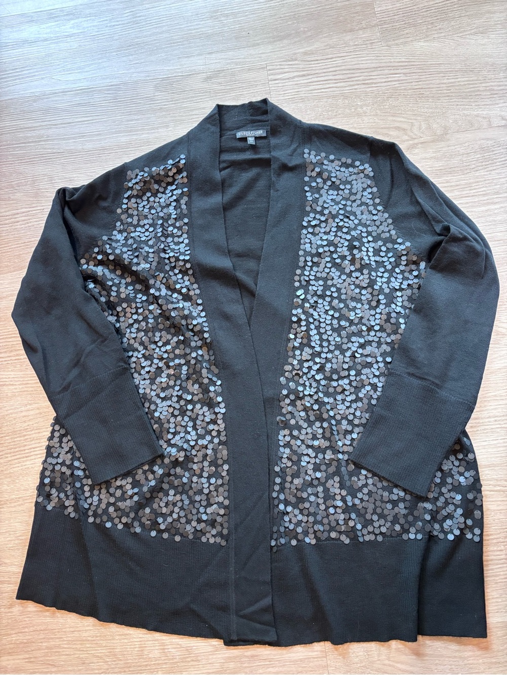 Eileen Fisher Women’s XXL 100% Merino Wool  Sequin Open Front Cardigan Black